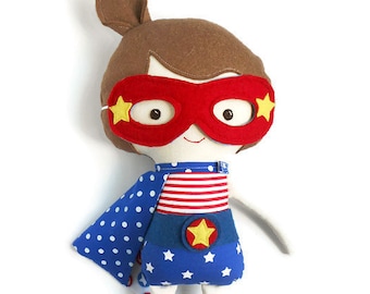 Patriotic american superhero girl rag doll, little miss independence, 4th of July kids gift, independence day american flag style dress