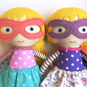 Twins girl birthday gift, twins babyshower gift, wondergirl ragdolls for girl twins with superhero costume cape and mask, super hero girls