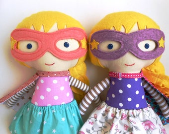 Twins girl birthday gift, twins babyshower gift, wondergirl ragdolls for girl twins with superhero costume cape and mask, super hero girls