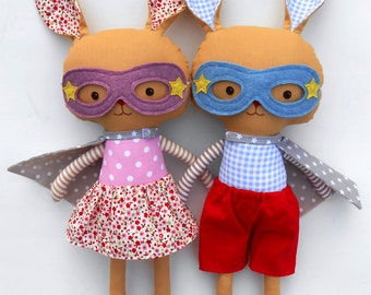 Easter gift for kids, easter bunny rabbits toys as superheroes, stuffed animal gift for toddlers, twin gift for easter