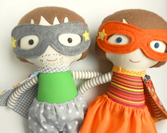 Superhero couple super parents in superhero costume with mask and cape, lookalike rag dolls can be customized and personalized