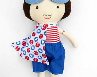 SUPERHERO boy rag doll in nautical style for sea party, handmade fabric sailor boy doll, soft toy for toddlers or for superhero birthday,