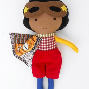 Black cloth superhero doll, fabric  boy doll with superhero cape, black american toy for superheroes birthday, action doll with natural hair