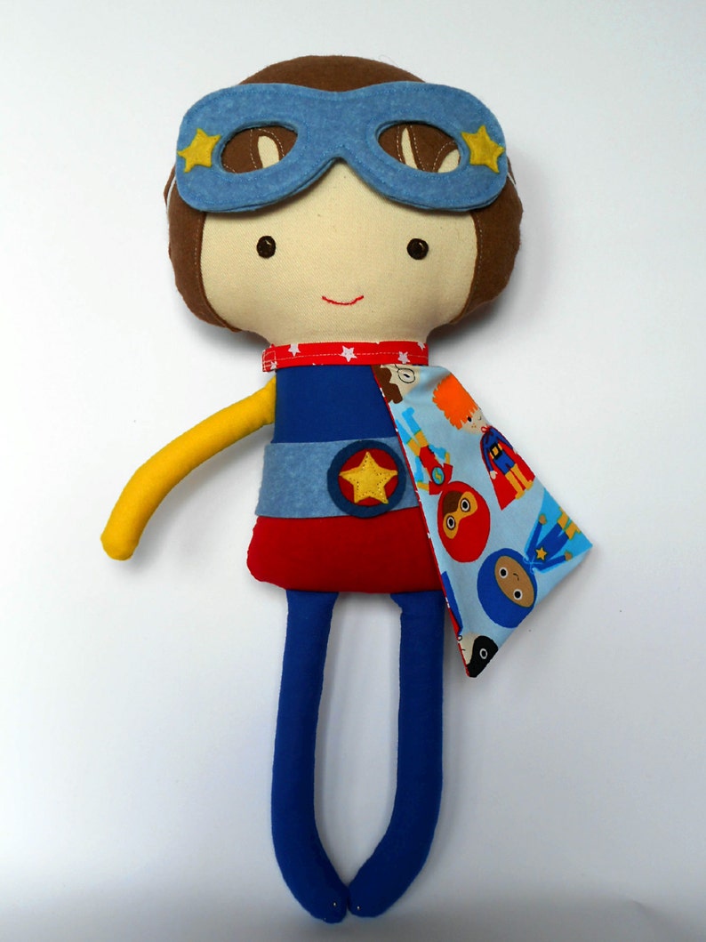 Superhero party boy doll with super hero mask and cape, cloth doll for toddler gift, kids toys, personalized doll for superhero birthday image 1