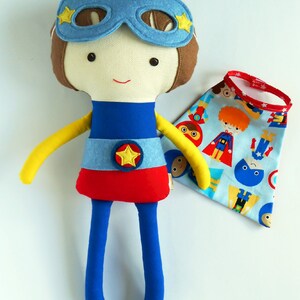 Superhero party boy doll with super hero mask and cape, cloth doll for toddler gift, kids toys, personalized doll for superhero birthday image 4