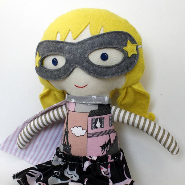 Rag doll in superhero costume for wonder girls, supergirl doll with cape and mask, toddler gift for superhero girl birthday wit cat pattern