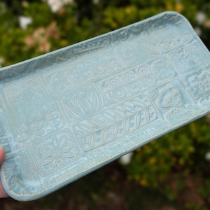 Floral Texture Jewelry Tray | Small Rectangular Butter Plate | Handmade Blue Flower Plate