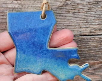 Blue Ceramic Louisiana Shaped Ornament for Christmas Tree