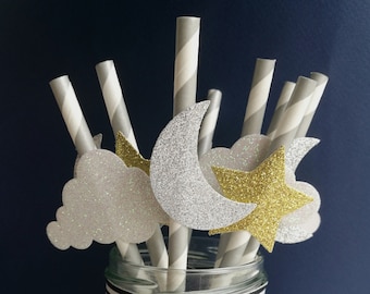 Baby Shower Moon Star and Cloud Glitter Straws