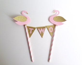 Personalised Birthday Bunting Cake Topper Pink and Gold Swans