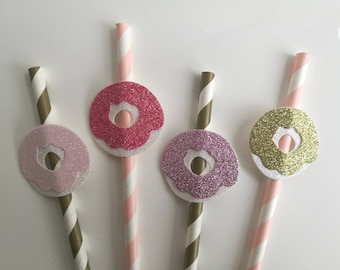 Donut Party Glitter Pink and Gold Straws