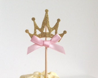 Baby Shower or Birthday Party Pink and Gold Glitter Crown Cupcake Toppers