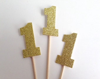 1st Birthday Gold Glitter Party Cupcake Toppers