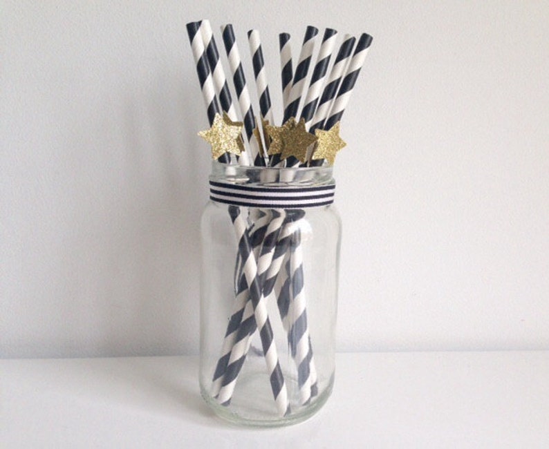 Birthday Wedding Party Black and White Stripe and Glitter Gold Star Straws