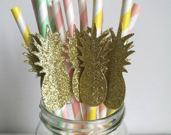 Pineapple Tropical Tiki Party Straws Pastel Pink, Mint and Yellow