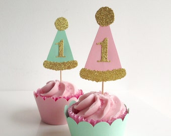 1st Birthday Party Cupcake Toppers Pink, Mint and Gold Glitter Party hat