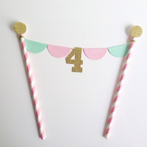 Birthday Bunting Personalised Gold Number Cake Topper Pink and Mint