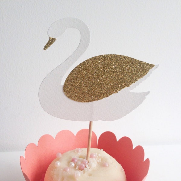 Swan Girls Birthday Party White and Gold Glitter Cupcake Toppers