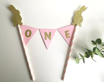 Bunny 1st Birthday Cake Topper Pink and Gold Personalised