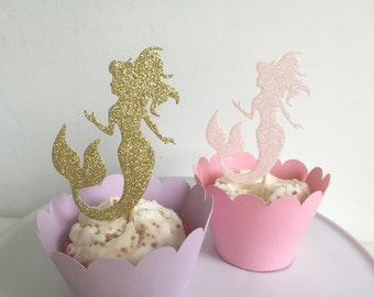 Mermaid Party Cupcake Toppers Gold and pink Glitter