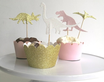 Pink Dinosaur Cupcake Toppers Glitter Gold, White and Pink x 12