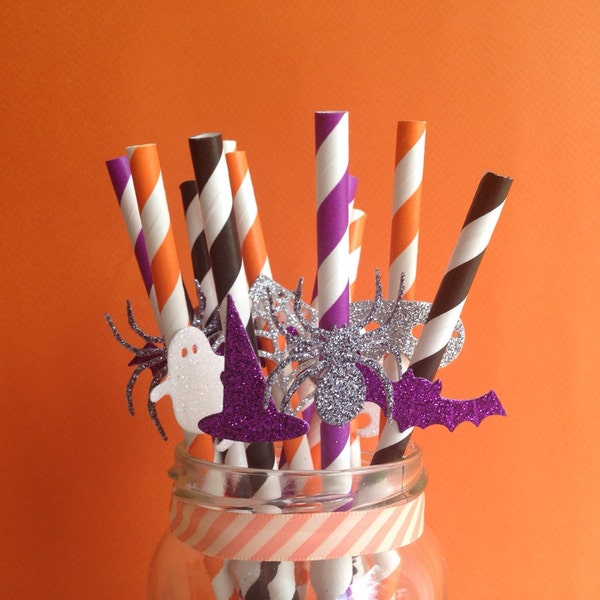 Halloween Party Straws Bat, Ghost, Witches Hat, Spider, Mask, cat and Cobweb glitter