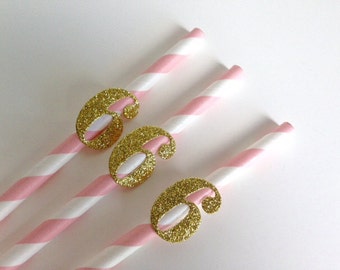 6th Birthday Party Baby Pink Stripe and Glitter Number Straws