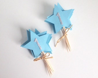 1st Birthday Blue and Silver Star Cupcake Toppers