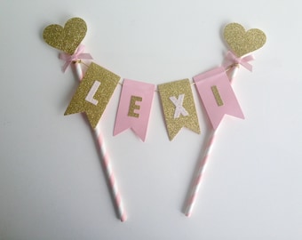 Girls Birthday Bunting Cake Topper Princess Partypink and gold