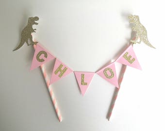 Dinosaur Cake Topper Pink and Gold Personalised Bunting