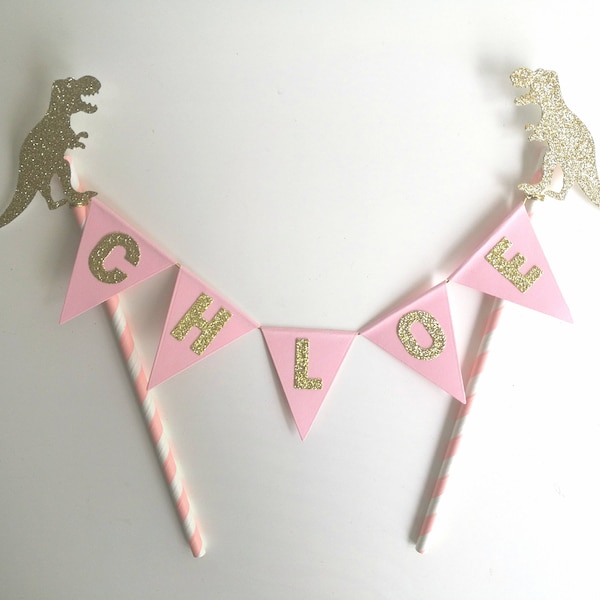 Dinosaur Cake Topper Pink and Gold Personalised Bunting