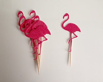 Flamingo Party Cupcake Toppers Pink Glitter