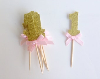 1st Birthday Gold Glitter Party Cupcake Toppers with Pink Bow