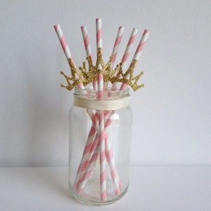 Princess Party Pink and Glitter Gold Crown Straws image 4