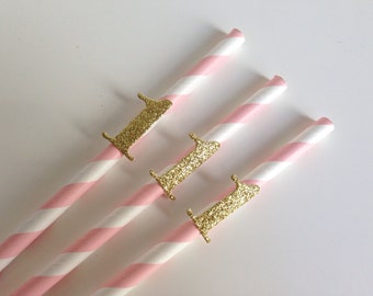 1st Birthday Party Pink and Gold Straws