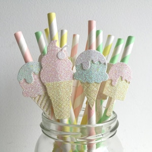 Ice Cream Party Straws Pastel Glitter and Mint, Pink and Yellow Straws