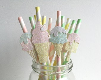 Ice Cream Party Straws Pastel Glitter and Mint, Pink and Yellow Straws