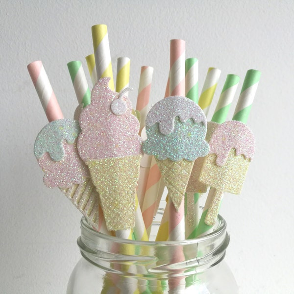 Ice Cream Party Straws Pastel Glitter and Mint, Pink and Yellow Straws