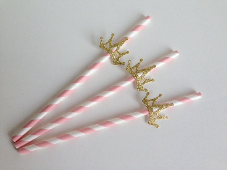 Princess Party Pink and Glitter Gold Crown Straws image 2