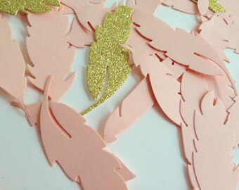 Wedding Party Confetti Peach and Gold Glitter Feathers