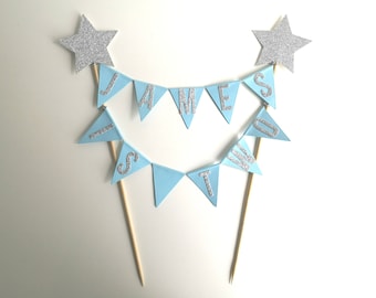 Personalised Birthday Cake Topper Blue and Silver Bunting Age and Name