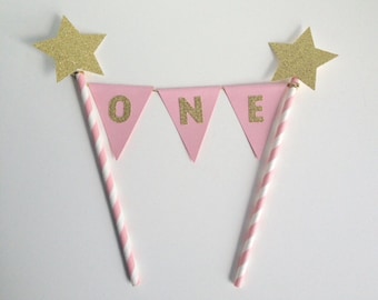 1st Birthday Bunting Cake Topper pink and gold