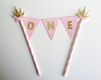 1st Birthday Bunting Cake Topper Princess Partypink and gold