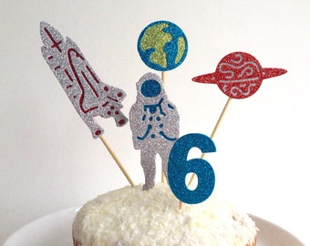 Astronaut, Spaceship, Planets and Large number Birthday Cake or Cupcake Toppers