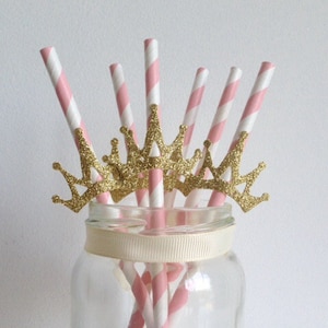 Princess Party Pink and Glitter Gold Crown Straws image 1