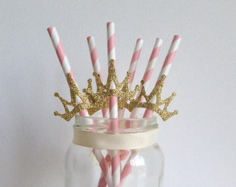 Princess Party Pink and Glitter Gold Crown Straws