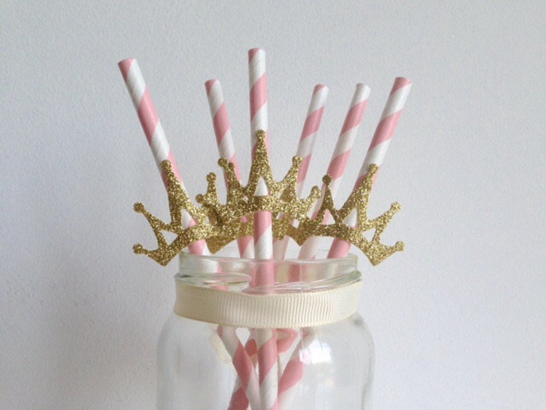 Princess Party Pink and Glitter Gold Crown Straws image 1