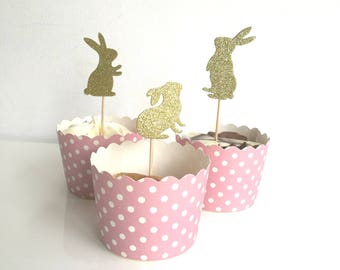 Bunny Rabbit Cupcake Toppers Gold Glitter x 12