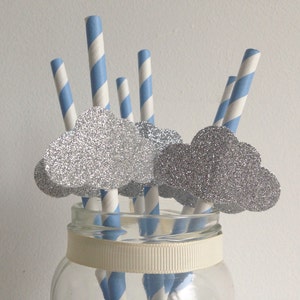 Baby Shower or Birthday Party Blue Stripe and Glitter Silver Cloud Straws