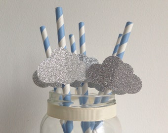 Baby Shower or Birthday Party Blue Stripe and Glitter Silver Cloud Straws